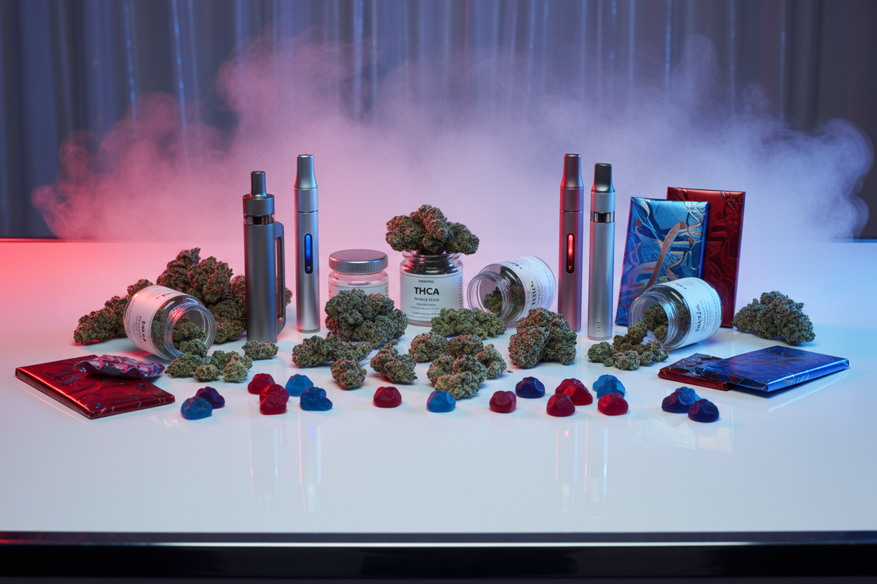 A cinematic flat-lay of premium THCa flower, vape pens, and edibles arranged on a sleek white and chrome surface with subtle red and blue gradient lighting, glowing smoke haze in the background, clean modern dispensary aesthetic — wide 16:9 composition.